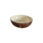 Spiral Coconut Bowl angled view showing cream interior with swirling grey mother-of-pearl leaf inlay pattern and natural dark coconut exterior