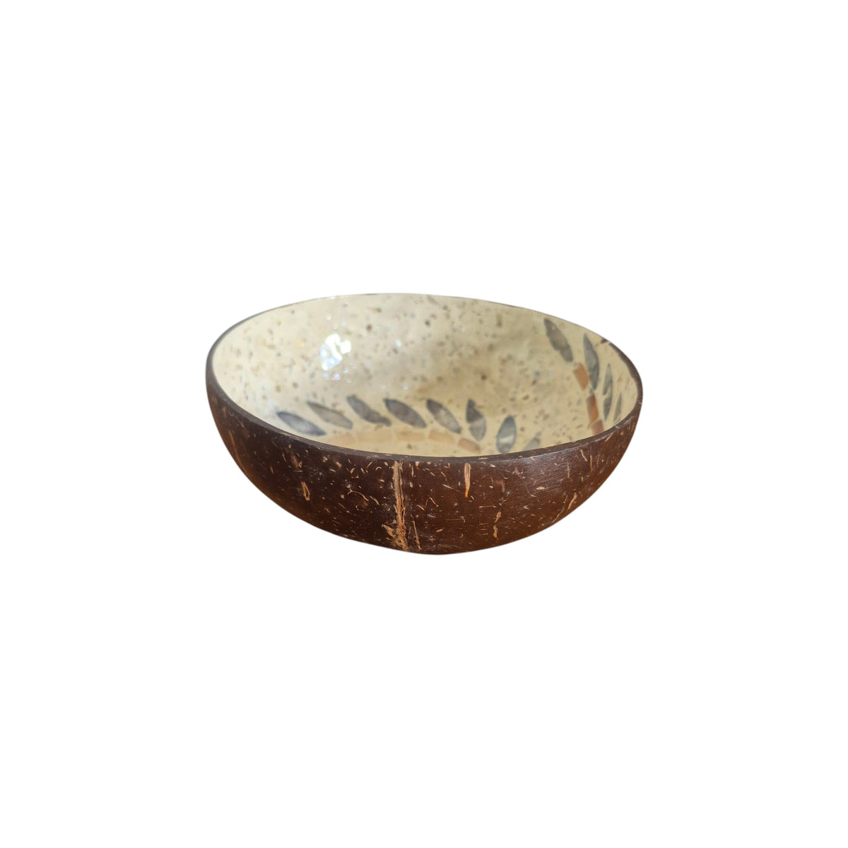 Spiral Coconut Bowl angled view showing cream interior with swirling grey mother-of-pearl leaf inlay pattern and natural dark coconut exterior