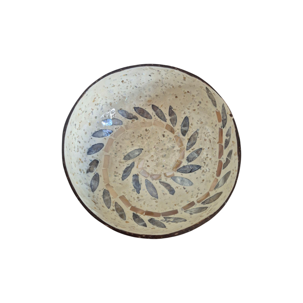 Spiral Coconut Bowl top down view showing full spiral botanical leaf pattern in grey mother-of-pearl on cream speckled background