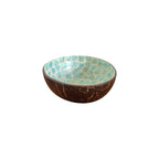 Blue Fish Coconut Bowl angled view showing aqua blue enamel mosaic interior and natural dark coconut shell exterior