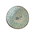 Blue Fish Coconut Bowl top down view showing full aqua enamel mosaic pattern with hand-painted goldfish and lily pad centrepiece