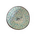Blue Fish Coconut Bowl top down view showing full aqua enamel mosaic pattern with hand-painted goldfish and lily pad centrepiece
