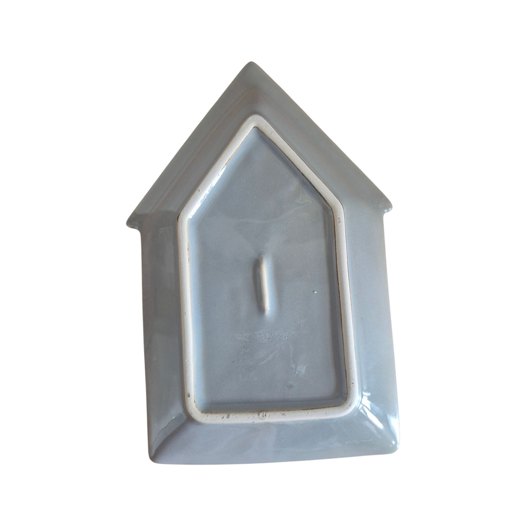 LaVida Beach House Plate — reverse view showing smooth grey glazed ceramic back with house-shaped recess and white border trim
