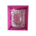 Drink Up Bitches stemless wine glass — clear glass with hot pink pearl-beaded heart outline, unicorn silhouette and Drink Up Bitches pink script lettering, presented in hot pink satin-lined gift box