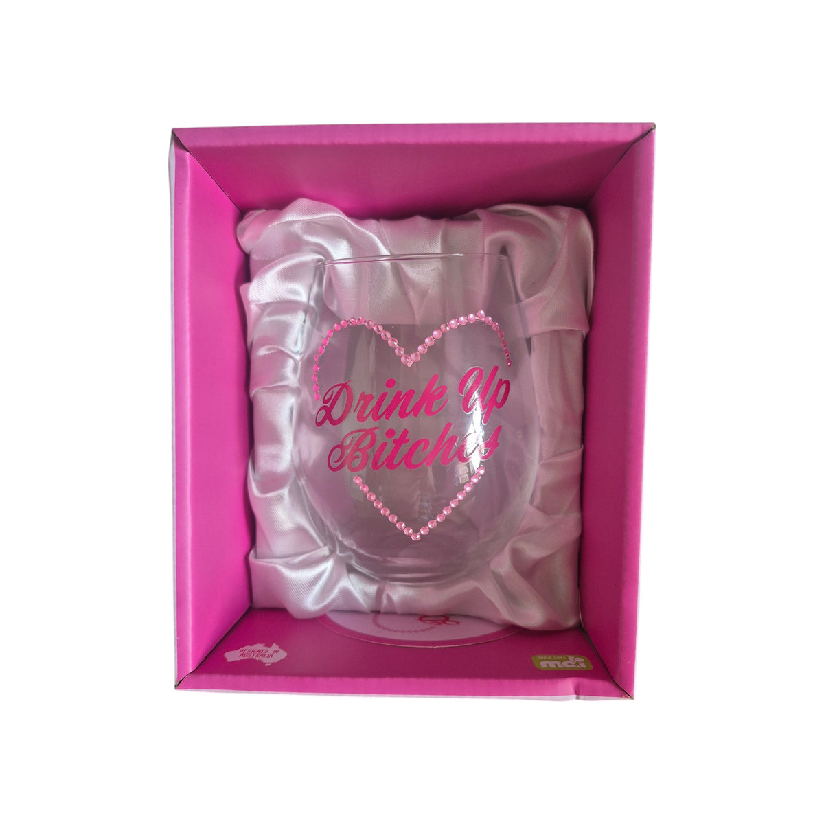 Drink Up Bitches stemless wine glass — clear glass with hot pink pearl-beaded heart outline, unicorn silhouette and Drink Up Bitches pink script lettering, presented in hot pink satin-lined gift box