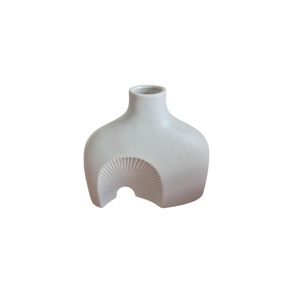 White Ceramic Abstract Vase angled side view showing squared shoulder curves and narrow neck