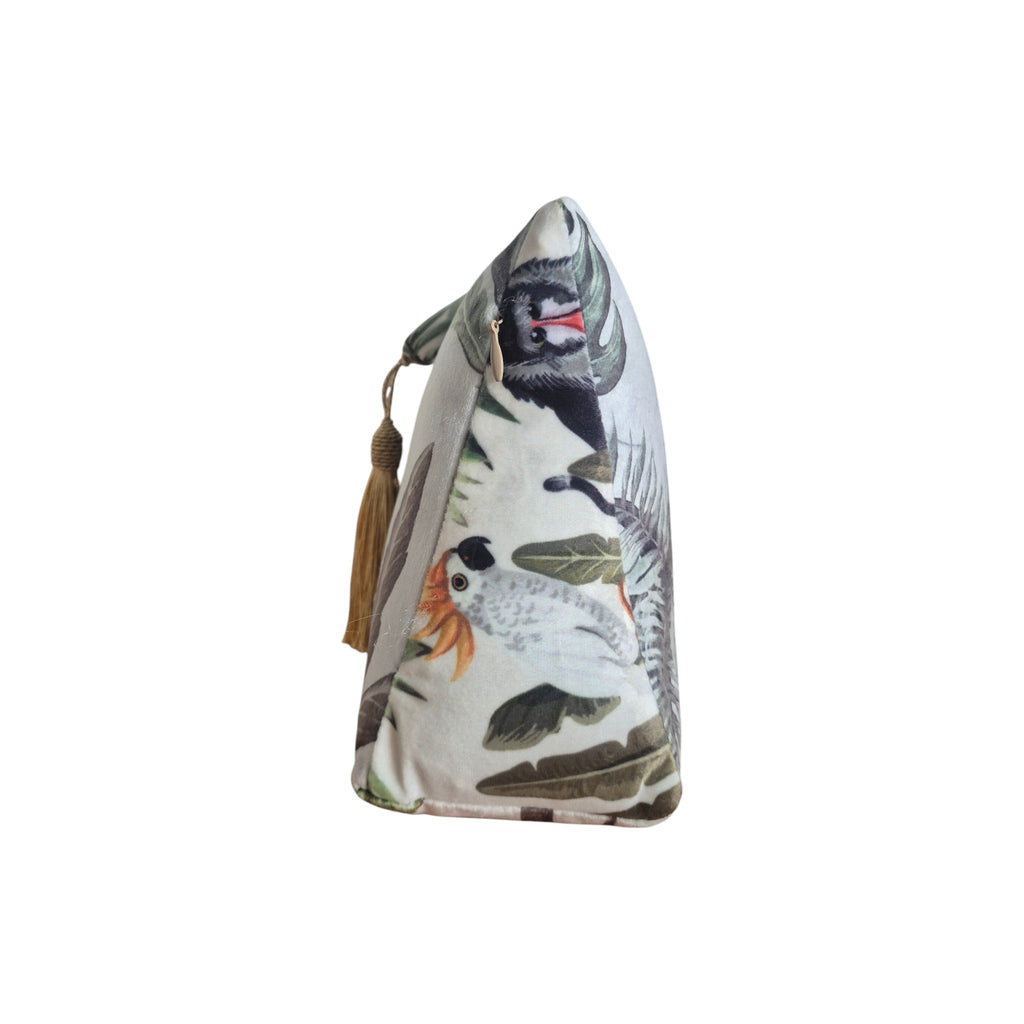 Jungle Velvet Doorstop White by LeForge — side profile showing pyramid form with tropical bird print velvet and antique gold tassel detail
