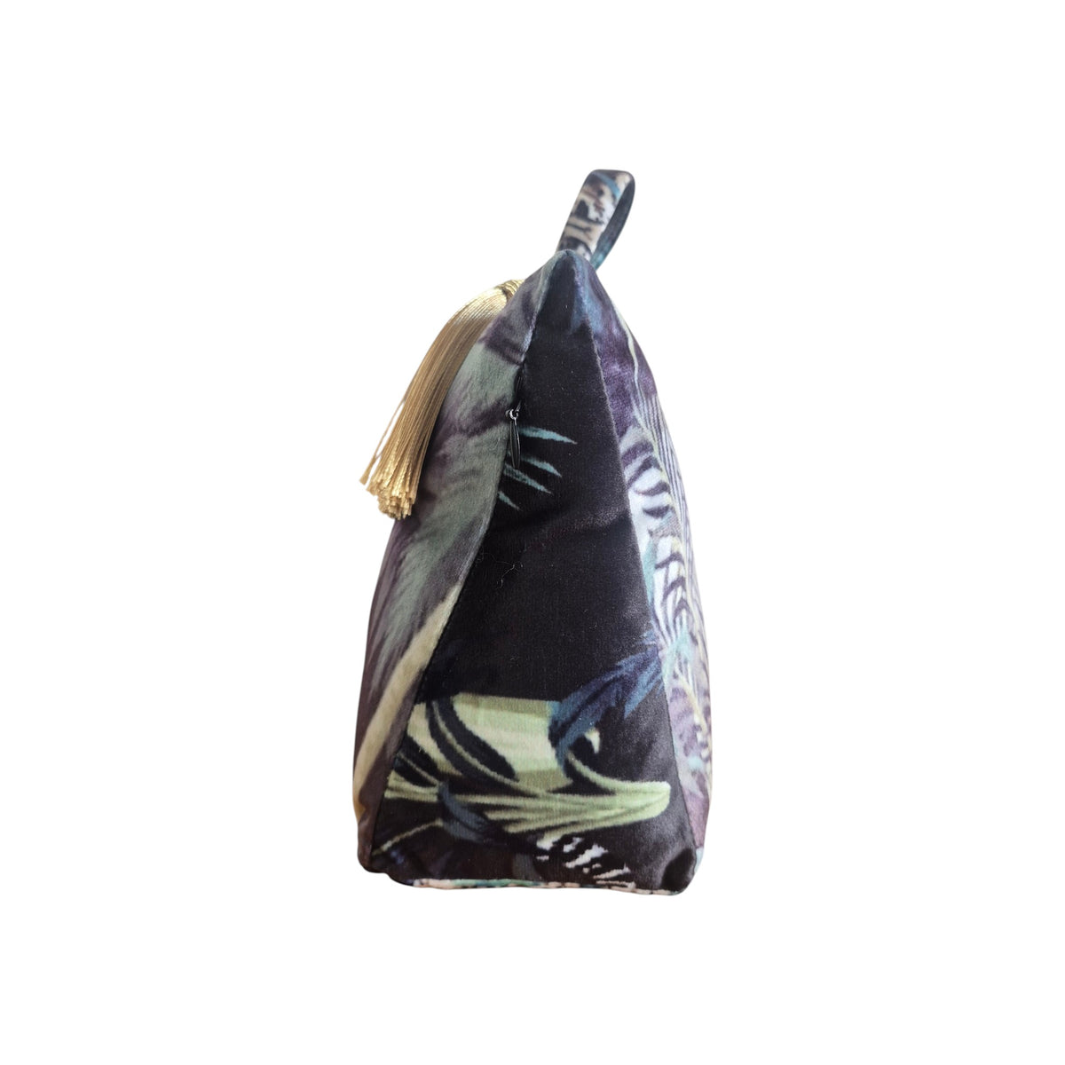 Jungle Velvet Doorstop Black by LeForge — side profile showing pyramid form with dark moody jungle print velvet and antique gold tassel detail