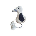 LaVida Seagull Doorstop side view showing natural cream linen fabric seagull with navy wing patch, wooden button, striped beak, rope legs and webbed feet