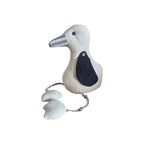 LaVida Seagull Doorstop side view showing natural cream linen fabric seagull with navy wing patch, wooden button, striped beak, rope legs and webbed feet