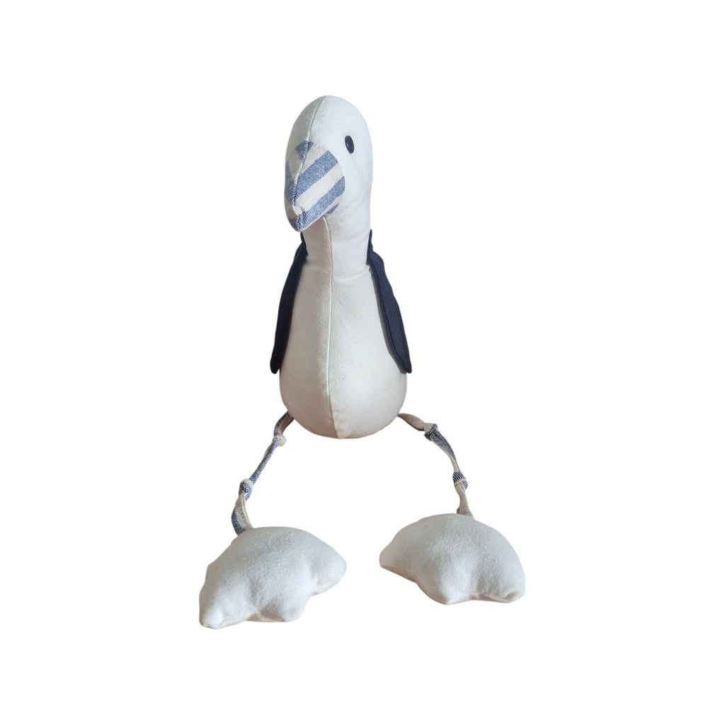 LaVida Seagull Doorstop front view showing full body with navy wing panels on either side, striped beak and dangling rope legs with webbed feet