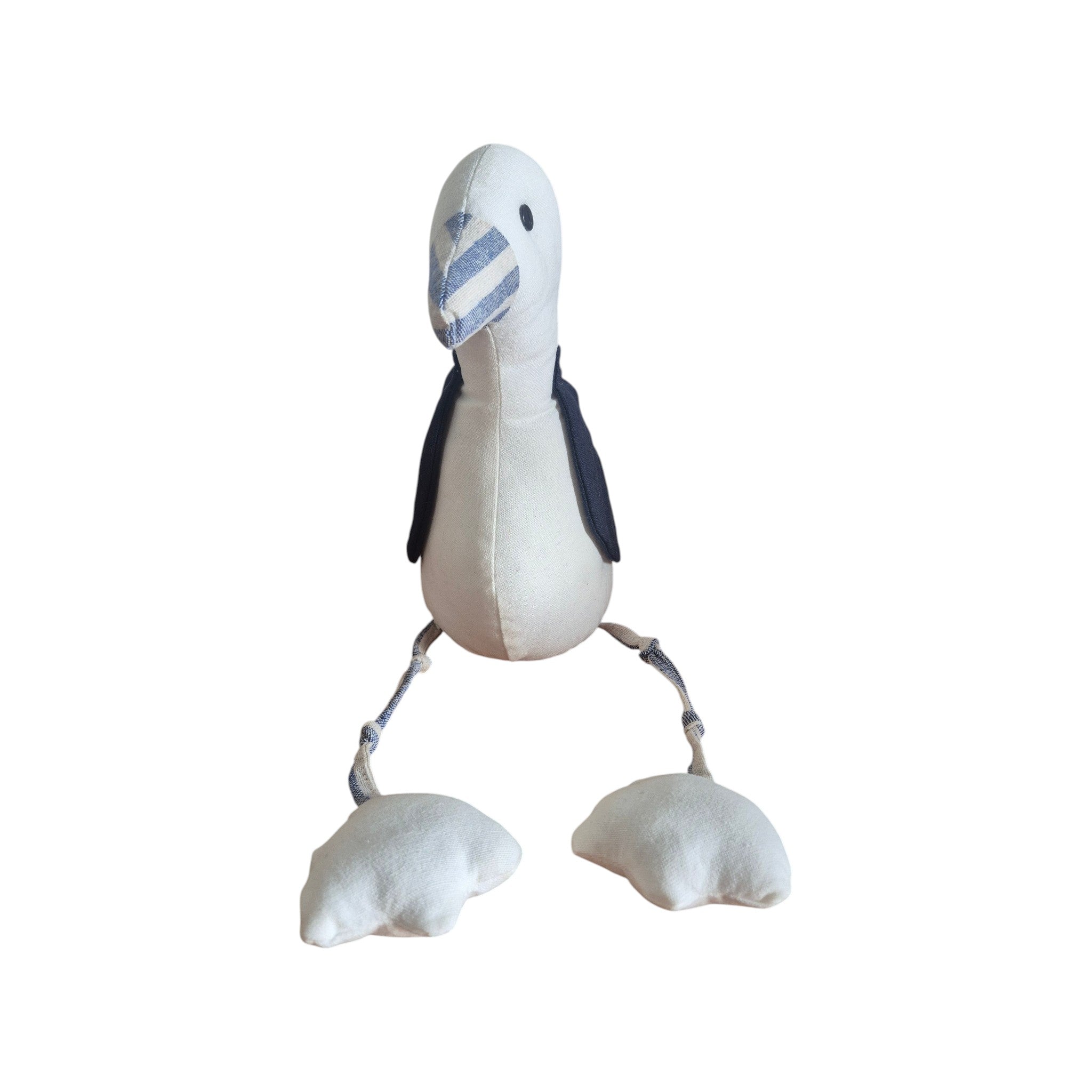 LaVida Seagull Doorstop front view showing full body with navy wing panels on either side, striped beak and dangling rope legs with webbed feet