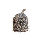 William Morris Tapestry Style Doorstop by LaVida — front view showing woven navy willow branch and leaf botanical print on natural linen ground with linen loop handle