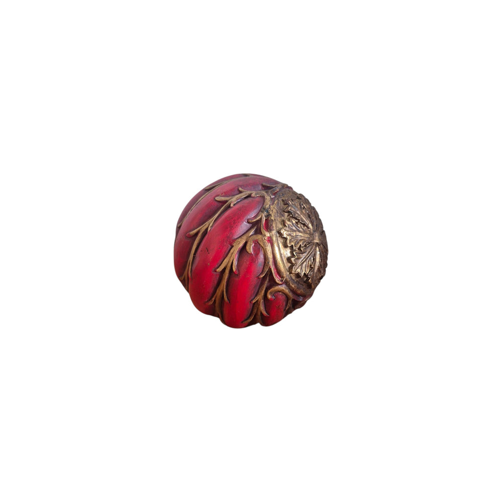 Red Gold Vine Decorative Ball angled view showing deep crimson finish with intricate antique gold vine and leaf detailing