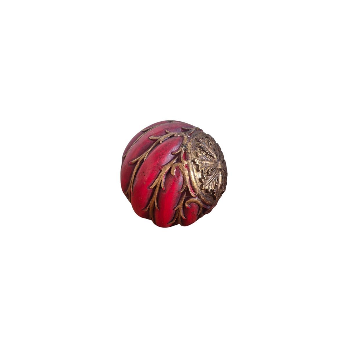 Red Gold Vine Decorative Ball angled view showing deep crimson finish with intricate antique gold vine and leaf detailing