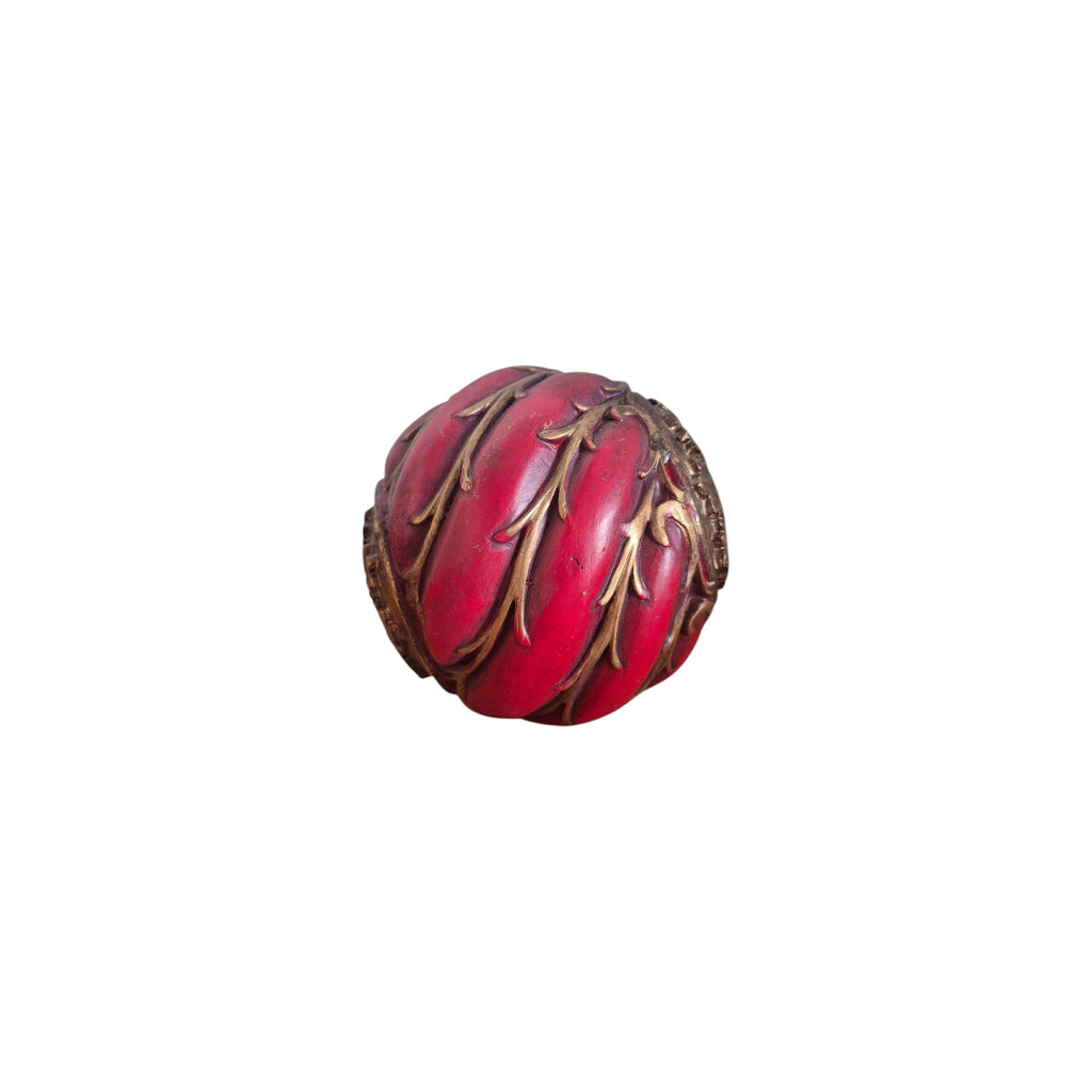 Red Gold Vine Decorative Ball side view showing full surface botanical vine pattern in antique gold on deep red