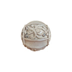 Ivory Scroll Decorative Ball side view showing carved scroll and floral panel relief with antiqued ivory and silver finish
