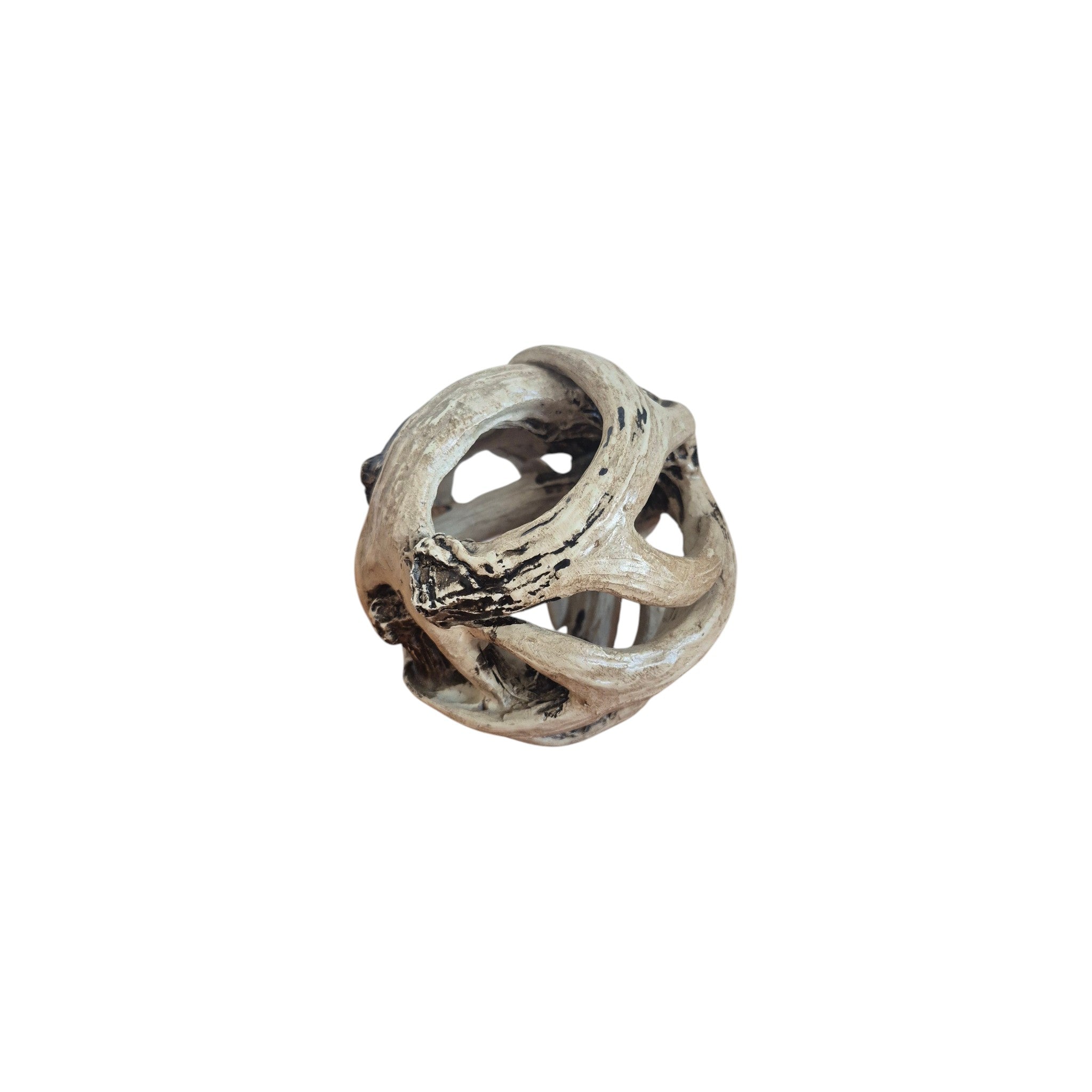 Antler Decorative Ball front view showing open resin antler branch lattice form in pale driftwood and charcoal grey tones