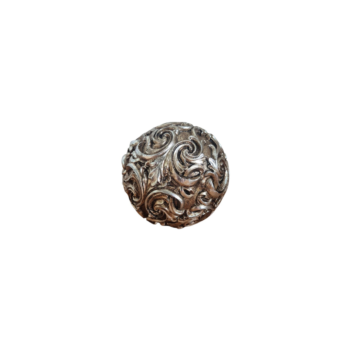 Gold Baroque Scroll Decorative Ball front view showing deeply carved antique gold scrolling acanthus leaf and floral motifs