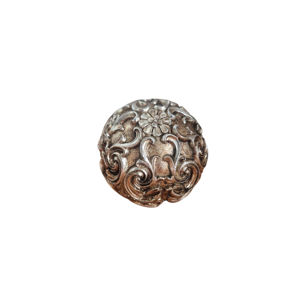 Gold Baroque Scroll Decorative Ball angled view showing baroque scroll detail with raised floral centrepiece and dark shadow antiqued finish