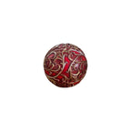Red and Gold Filigree Decorative Ball front view showing deep crimson lacquer base with intricate antique gold scrolling vine and leaf filigree lattice