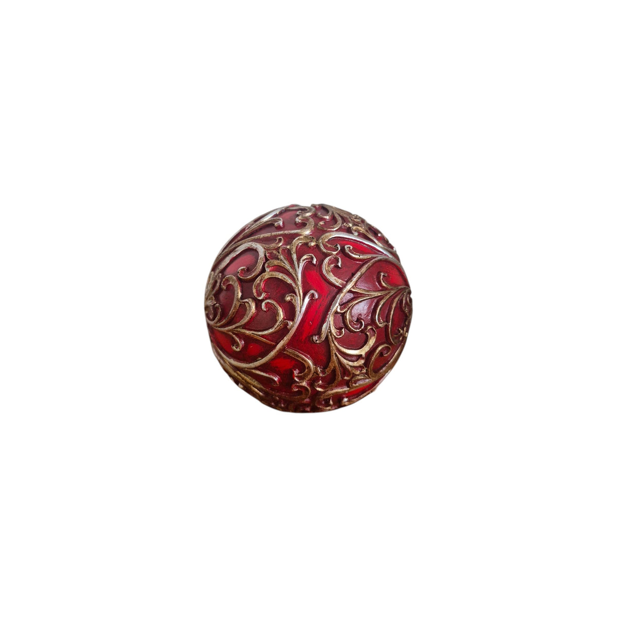 Red and Gold Filigree Decorative Ball front view showing deep crimson lacquer base with intricate antique gold scrolling vine and leaf filigree lattice