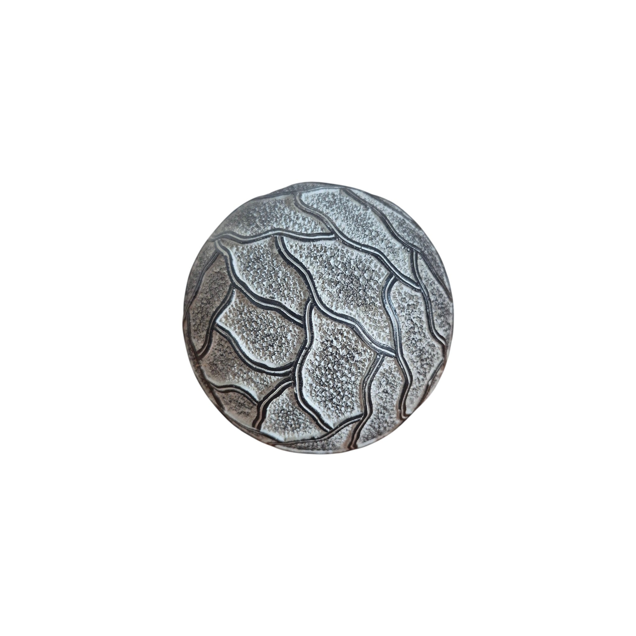 Silver Crackle Stone Decorative Ball front view showing rough-textured antiqued silver surface with deep charcoal crackle line panel pattern