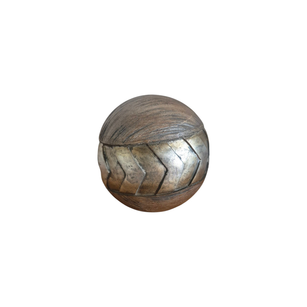 Nordic Chevron Decorative Ball Natural — front view showing warm brown wood sphere with bold silver-gold chevron arrow iron inlay motif wrapping around lower half, 11cm diameter