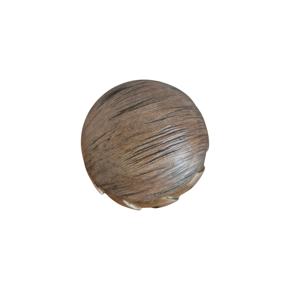 Nordic Chevron Decorative Ball Natural — side view showing smooth warm brown wood grain texture across upper half of 11cm diameter decorative wooden sphere