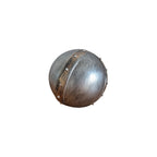 Nordic Iron Strapping Decorative Ball Silver — side view showing grey-silver wood sphere with vertical iron strapping seams and small silver rivet studs, 11cm diameter