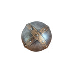 Nordic Iron Strapping Decorative Ball Silver — top-down view showing X-cross iron strapping detail with silver rivet studs across grey-silver brushed wood grain surface