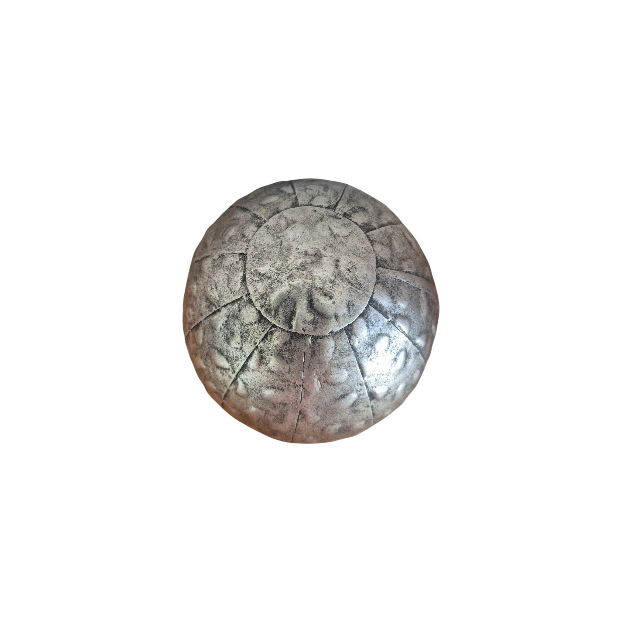 Nordic Hammered Decorative Ball Silver — top-down view showing radiating panel detail across hammered crackle-effect silver-pewter resin surface of 11cm decorative ball