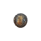 Nordic Baroque Decorative Ball Bronze — front view showing dark bronze resin sphere with raised baroque scrollwork, acanthus leaf flourishes and aged gold oval cartouche panel, 11cm diameter