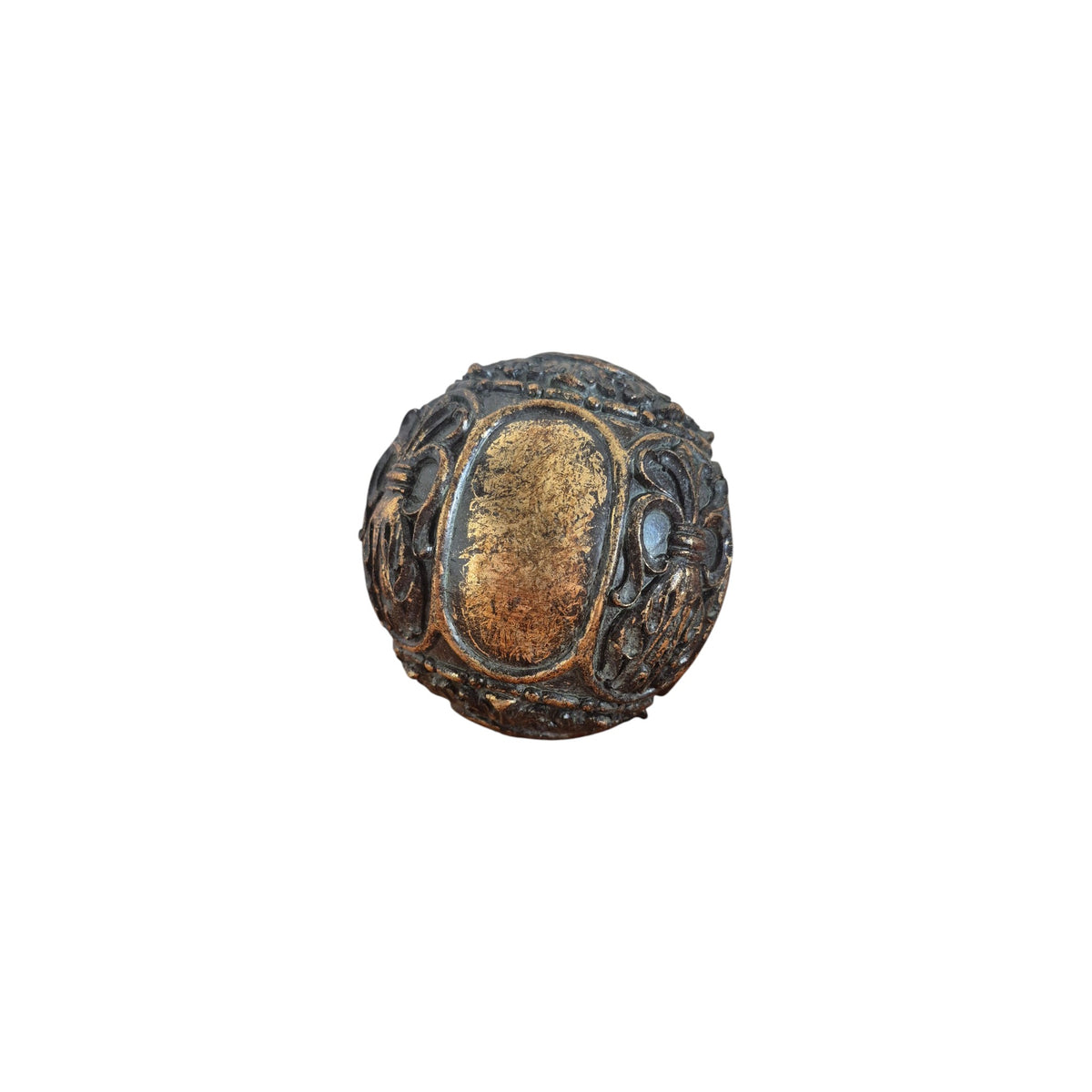 Nordic Baroque Decorative Ball Bronze — front view showing dark bronze resin sphere with raised baroque scrollwork, acanthus leaf flourishes and aged gold oval cartouche panel, 11cm diameter