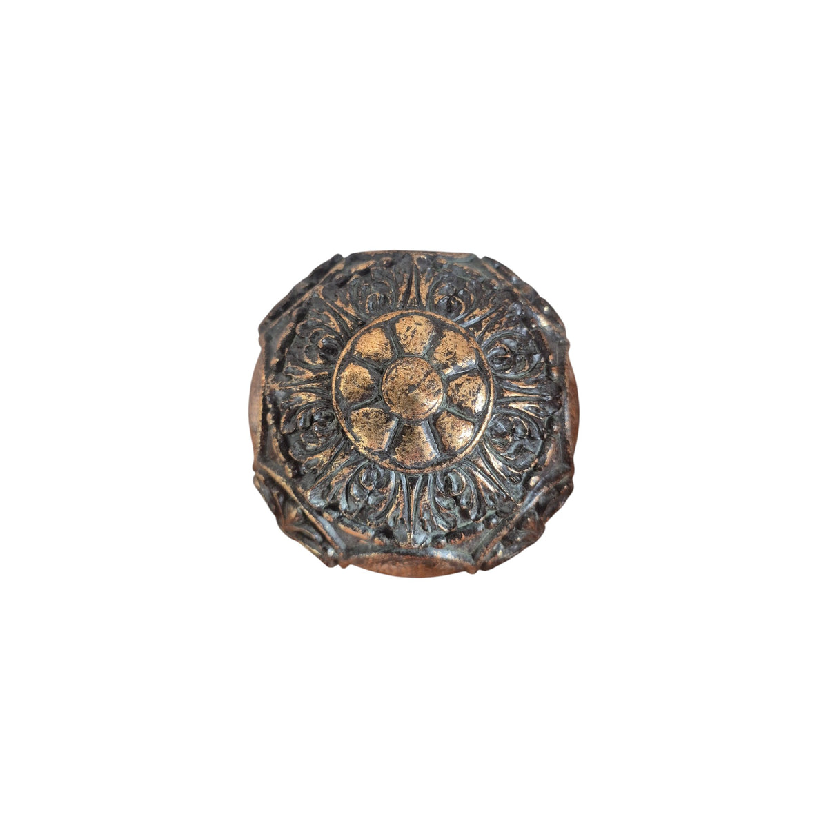 Nordic Baroque Decorative Ball Bronze — top-down view showing ornate floral medallion with radiating petal and scrollwork detail across dark bronze and aged gold resin surface