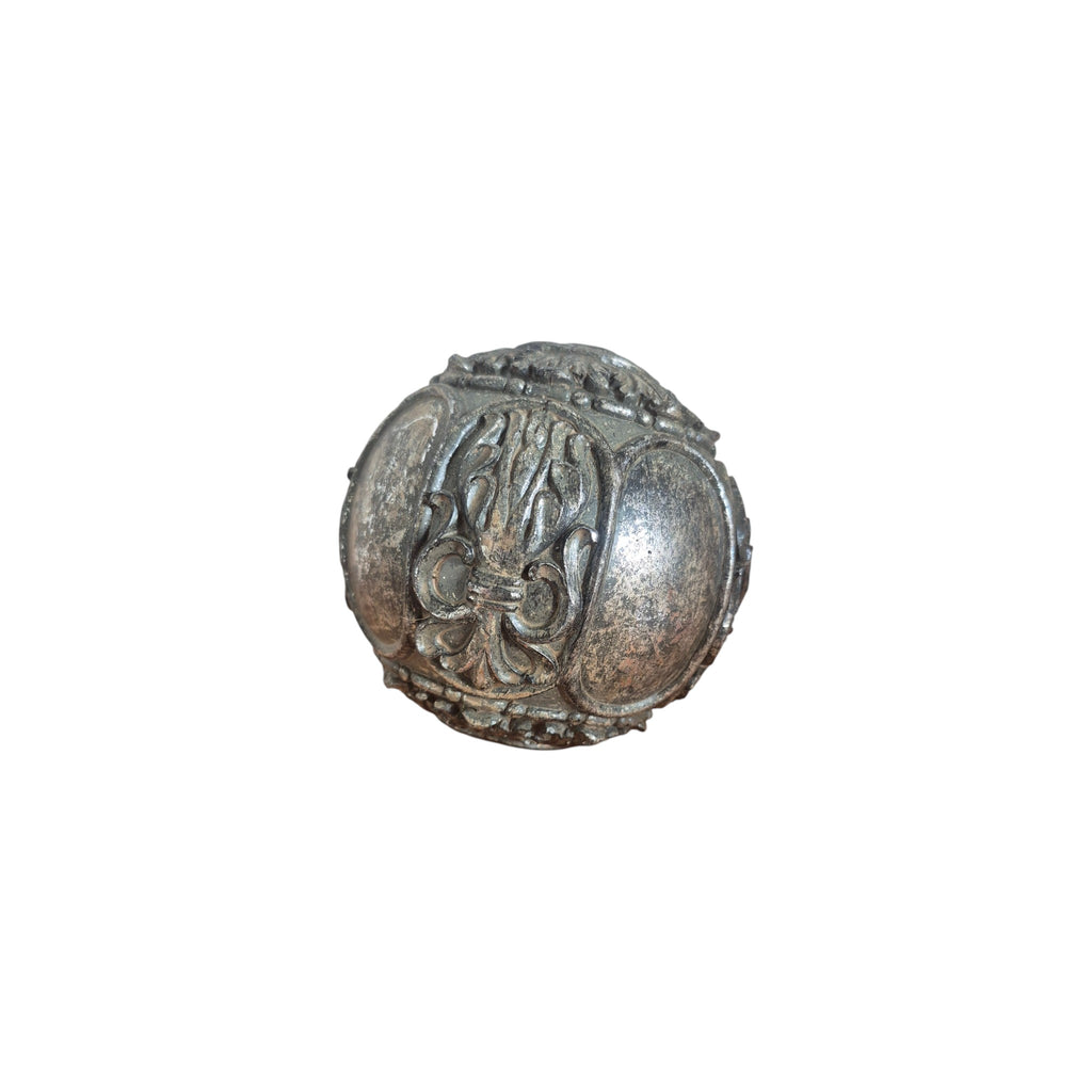 Nordic Baroque Decorative Ball Silver — front view showing aged silver-pewter resin sphere with raised baroque scrollwork, acanthus leaf flourishes and dome panel segments with beaded borders, 11cm diameter