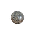 Nordic Baroque Decorative Ball Silver — front view showing aged silver-pewter resin sphere with raised baroque scrollwork, acanthus leaf flourishes and dome panel segments with beaded borders, 11cm diameter