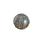 Nordic Baroque Decorative Ball Silver — front view showing aged silver-pewter resin sphere with raised baroque scrollwork, acanthus leaf flourishes and dome panel segments with beaded borders, 11cm diameter