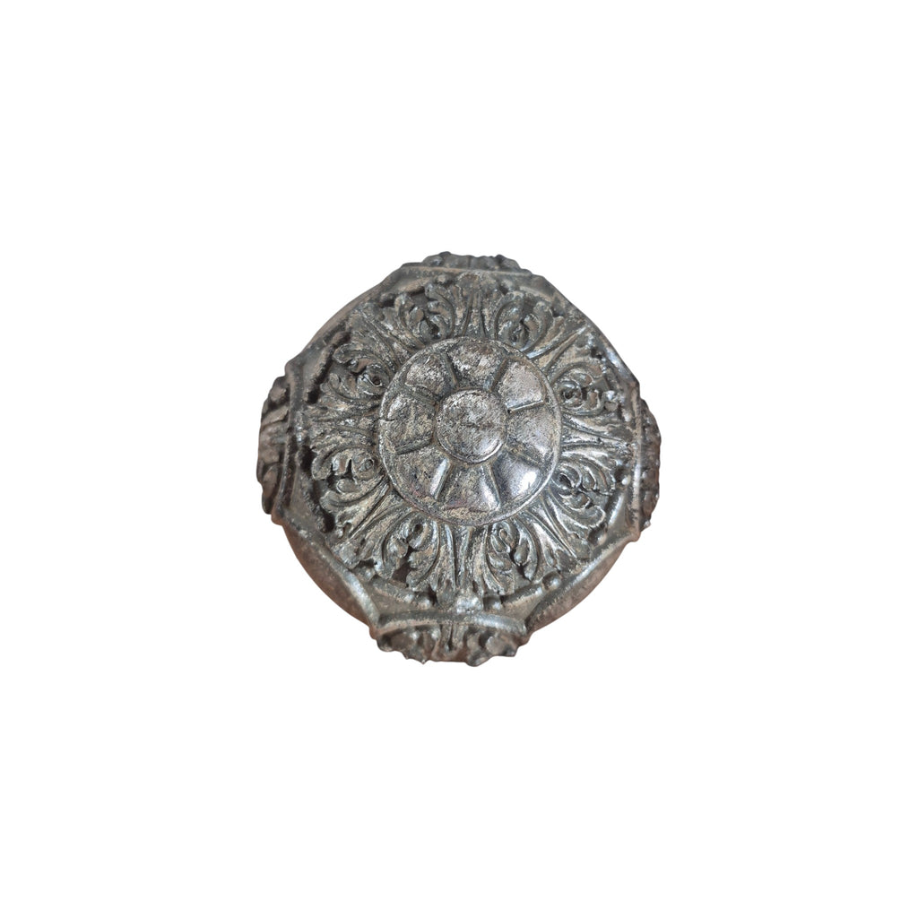 Nordic Baroque Decorative Ball Silver — top-down view showing ornate floral medallion with radiating petal and scrollwork detail across aged silver-pewter resin surface
