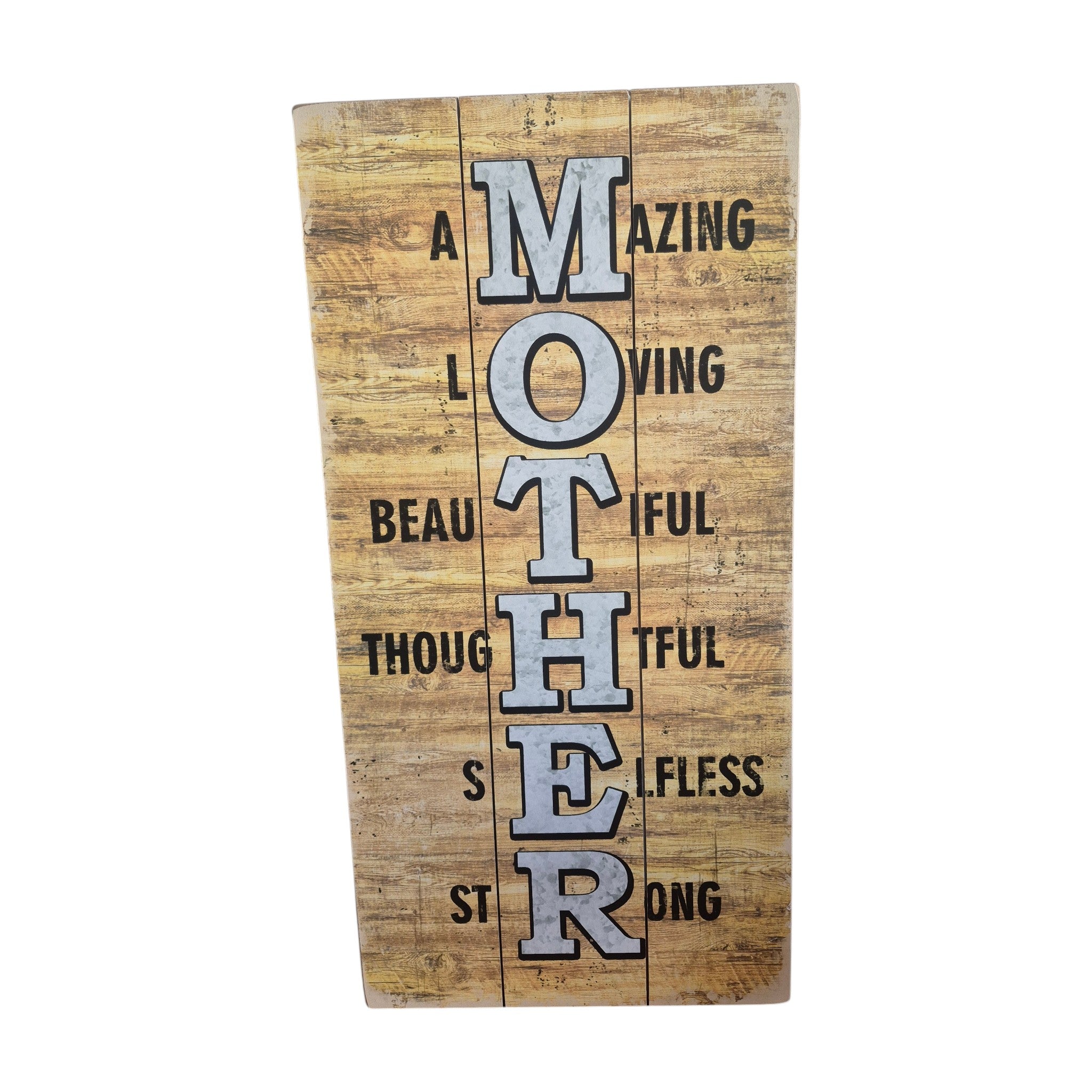Mother wooden sign — MOTHER spelled vertically in bold block letters with acrostic words Amazing, Loving, Beautiful, Thoughtful, Selfless, Strong on distressed natural timber grain background, 60cm x 30cm nz