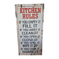 Kitchen Rules wooden sign — distressed white multi-panel timber board with bold red heading and black rule text reading Fill It, Clean It, Close It, Wipe It Up, Share It with red border frame, 60cm x 30cm. nz