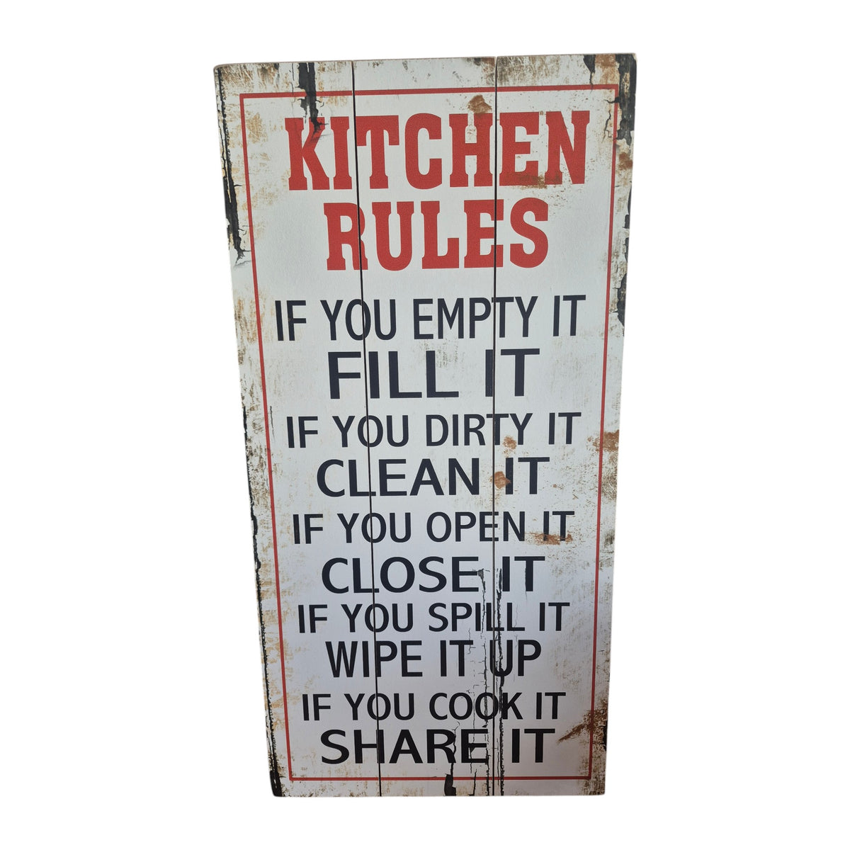 Kitchen Rules wooden sign — distressed white multi-panel timber board with bold red heading and black rule text reading Fill It, Clean It, Close It, Wipe It Up, Share It with red border frame, 60cm x 30cm. nz