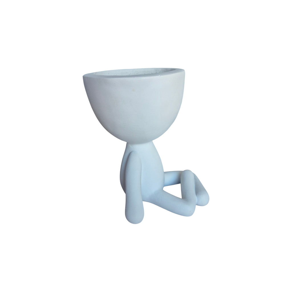 White yoga-sitting Egghead Planter, side view