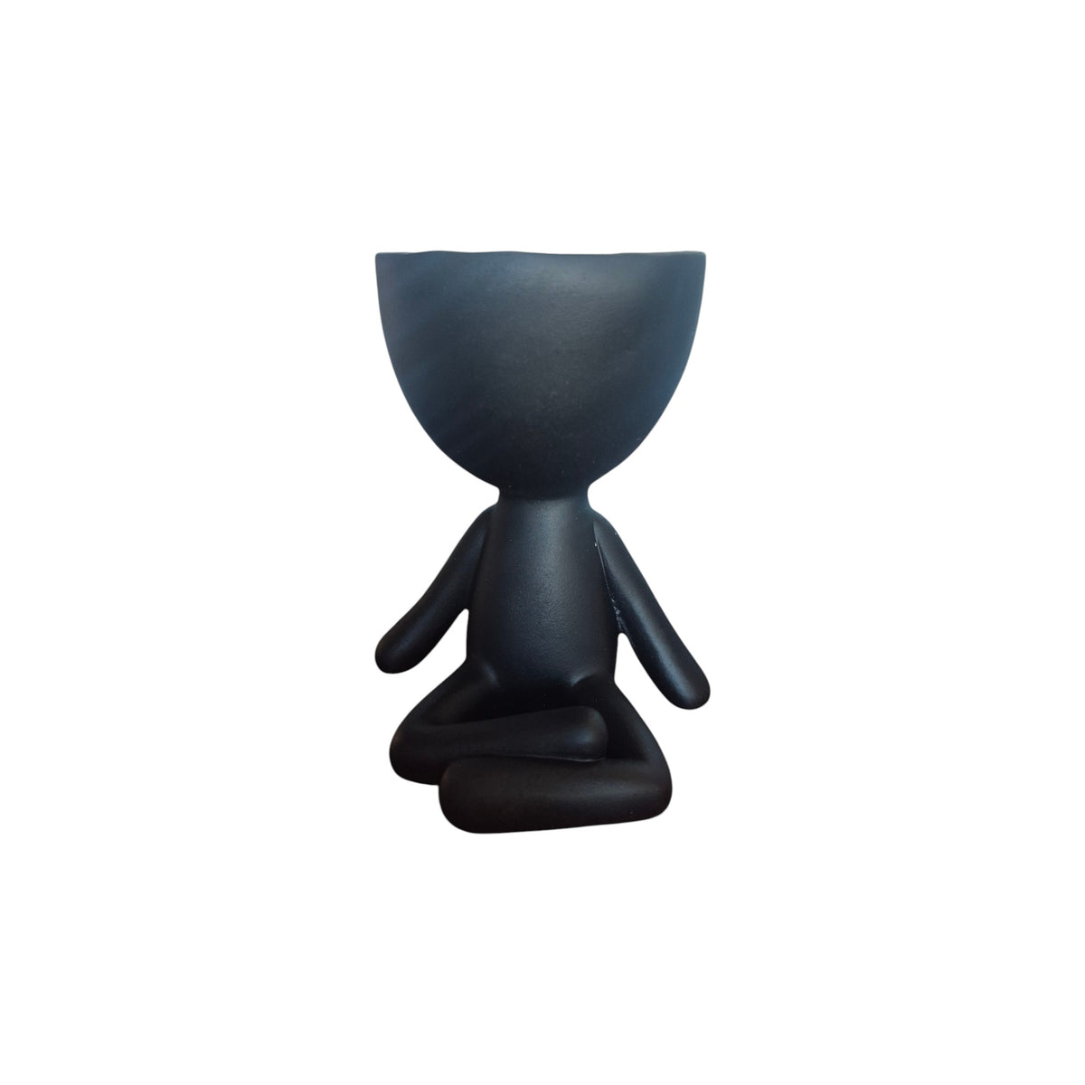 Black yoga-sitting Egghead Planter, side view