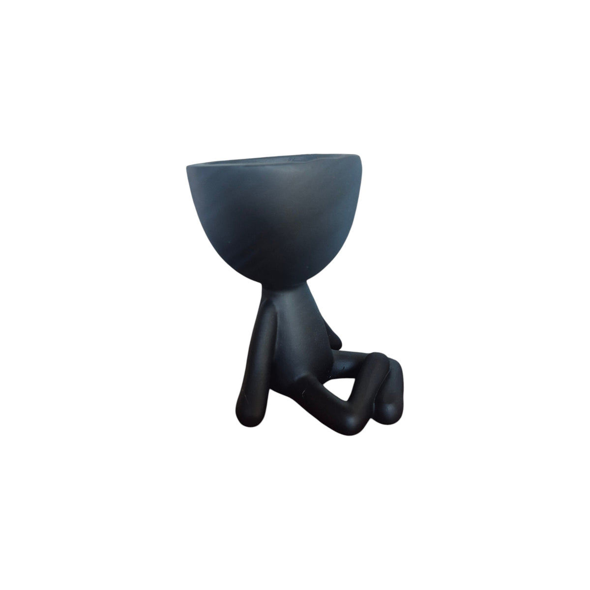 Black yoga-sitting Egghead Planter, seated view