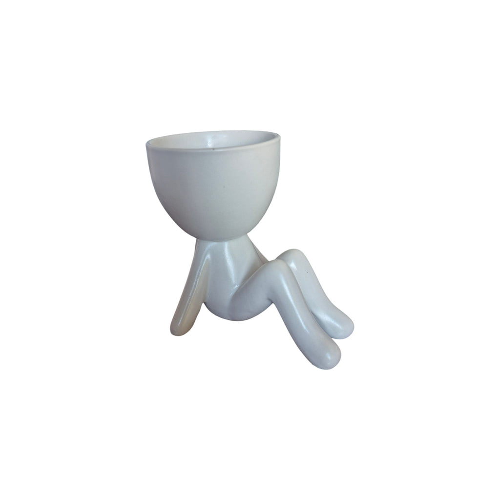 Small white laid-back Egghead Planter, front view