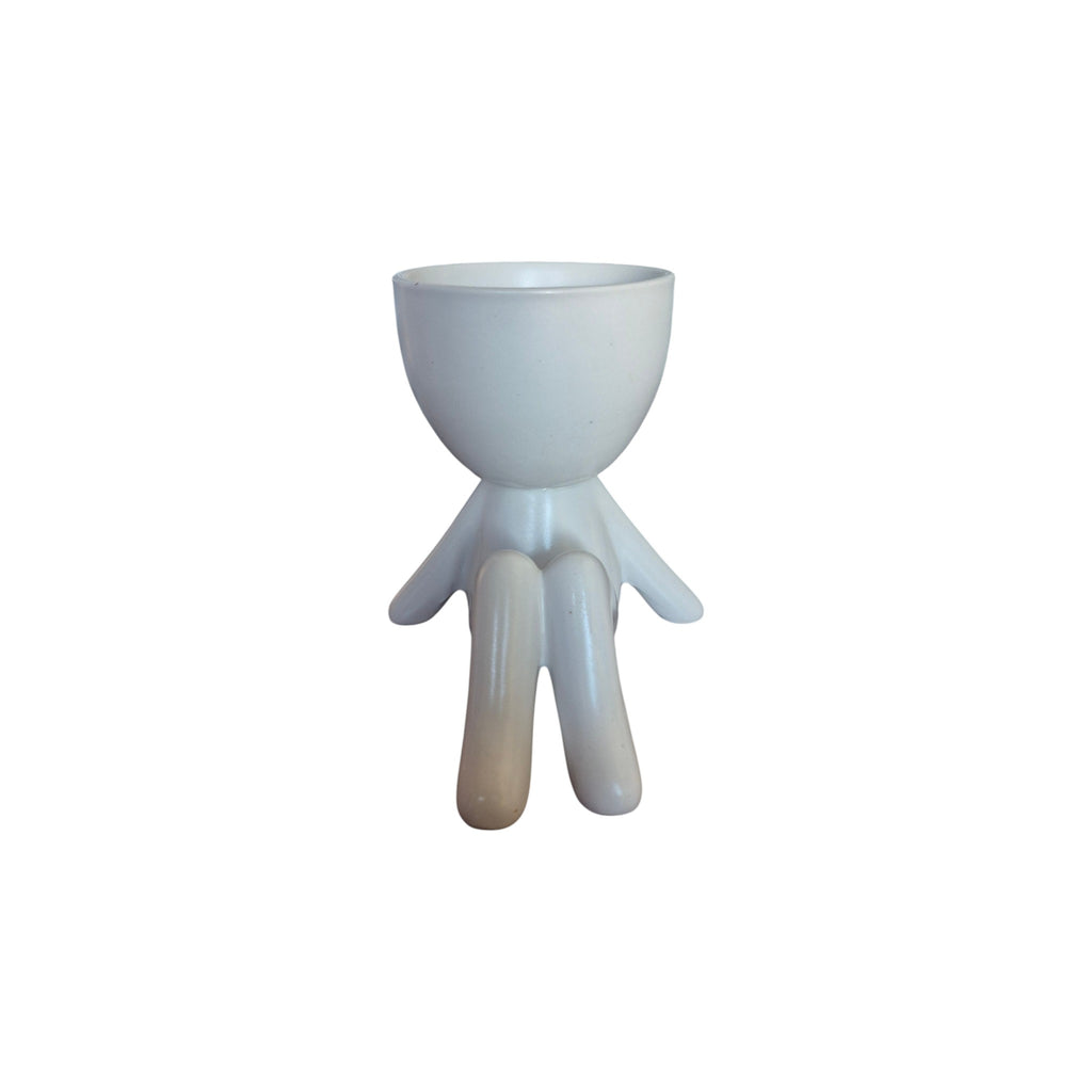 Small white laid-back Egghead Planter, standing view