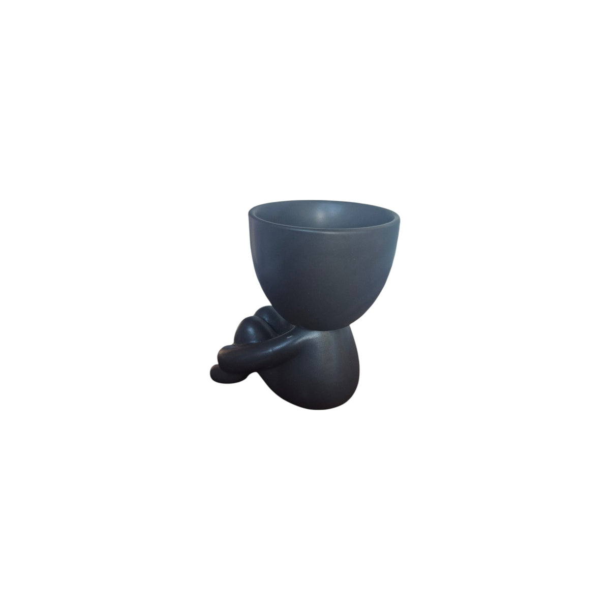 Small black Quiet Egghead Planter, seated view