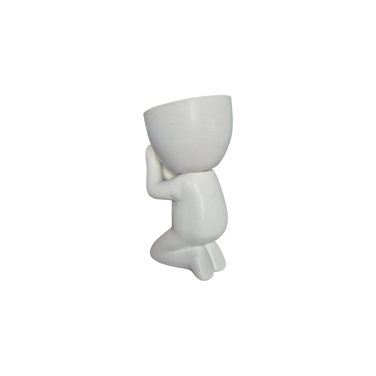 White Faithful Egghead Planter, kneeling view
