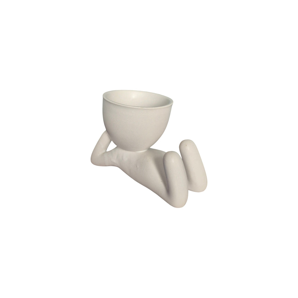 Small white Restful Egghead Planter, reclining view